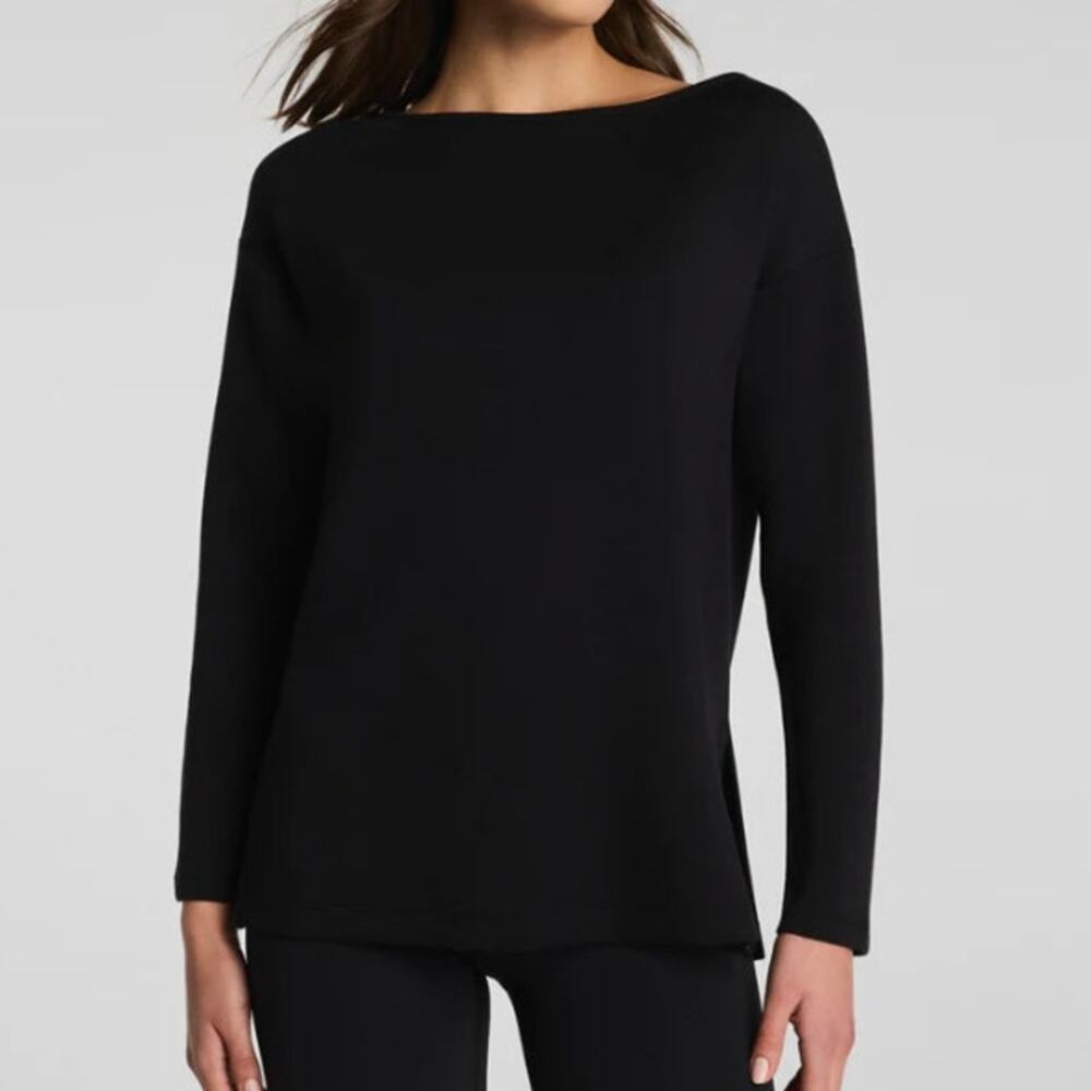 Spanx AirEssentials Boat Neck Long Sleeve Shirt S Black Spacer Fabric Relaxed